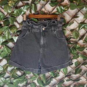 TOPSHOP Ruffle High Waist Black Denim Shorts